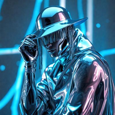 The primary subject of the image is a man wearing a hat and a silver jacket. He is standing in front of a blue background, which adds a vibrant and colorful touch to the scene. The visual style of the image is a combination of photo and digital art, creating a unique and eye-catching representation of the man. The colors and mood of the image are predominantly blue, giving it a cool and futuristic atmosphere.